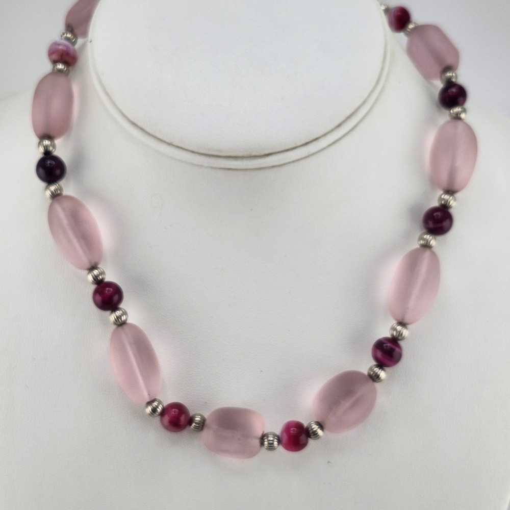 Pink Frosted Glass & Agate Beaded Necklace Statement Jewelry‎ Fashion
